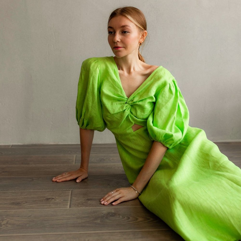 Lime Green Linen Dress with Tie. Made in Ukraine ✌️